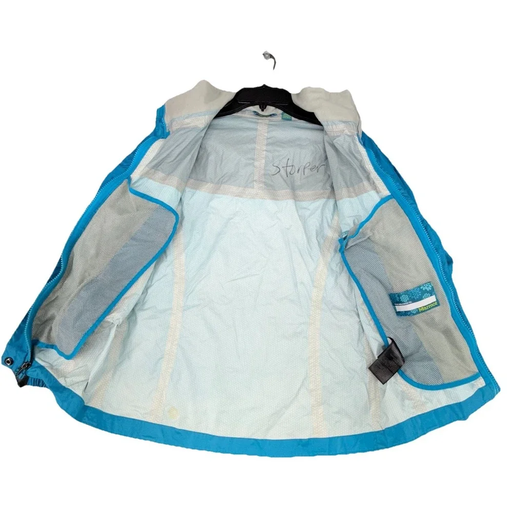 Marmot Rain Jacket Girls Large Blue Colorblock Waterproof Hooded Outdoors Pocket